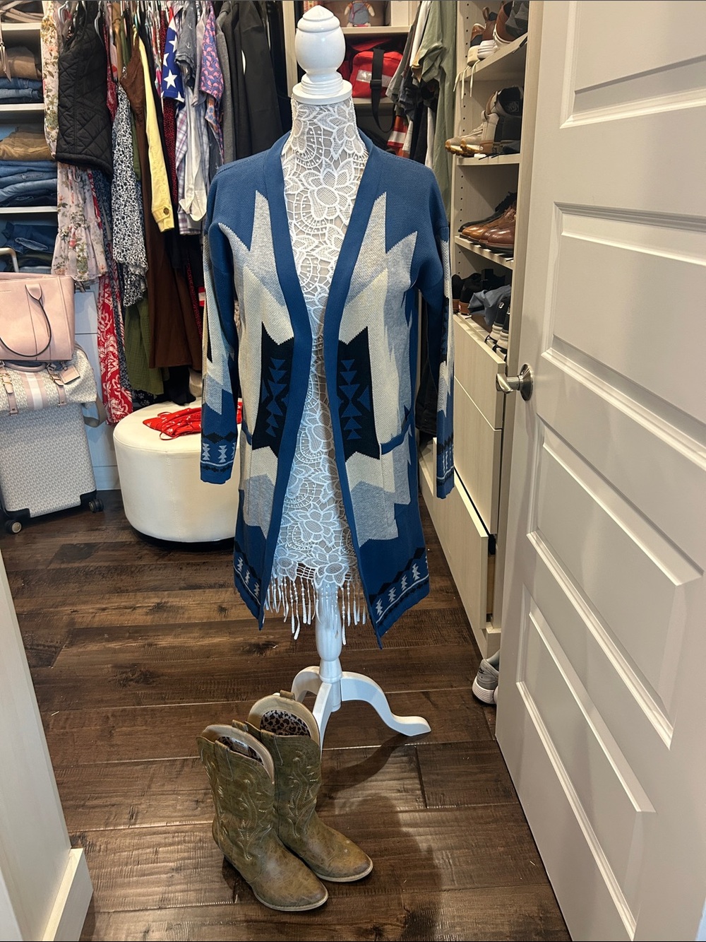 Open-Front Blue Aztec Knit Cardigan western